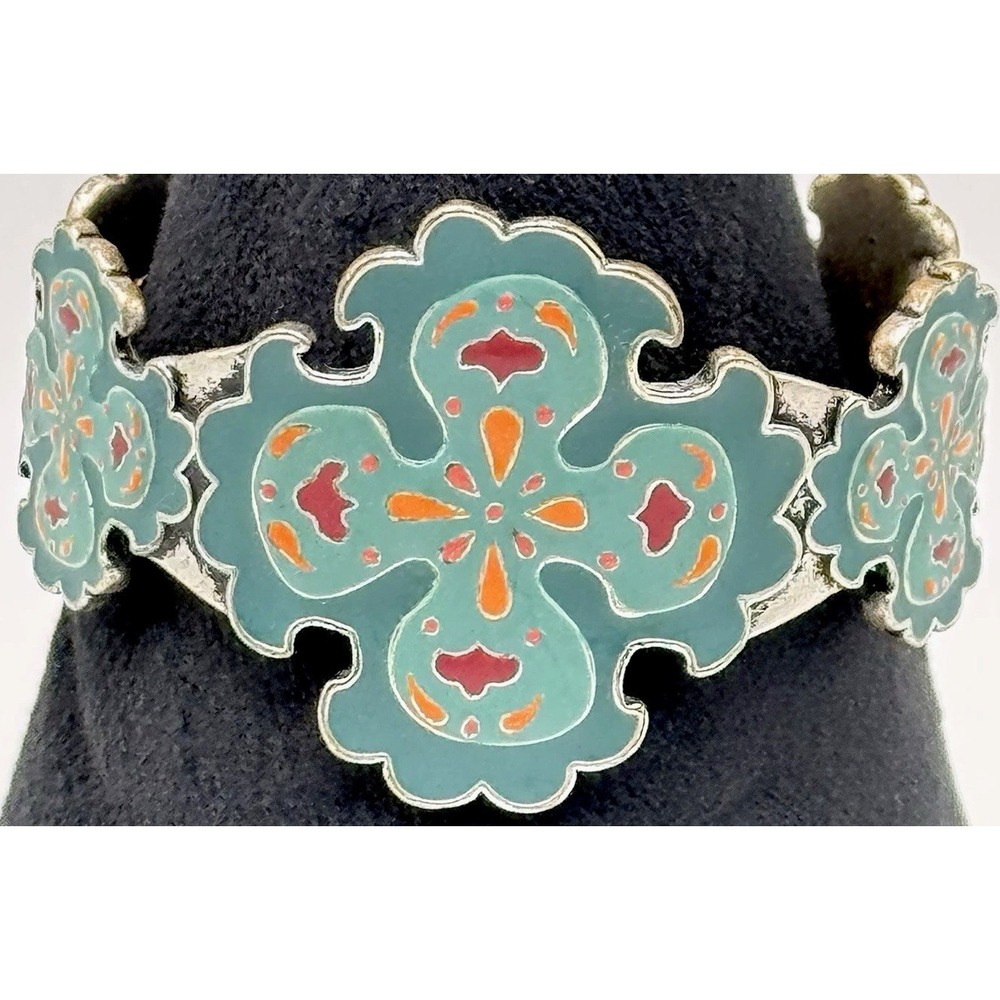 Lucky Brand Enamel Maltese Cross Cuff‎ Bracelet Teal Silver Tone Boho Western